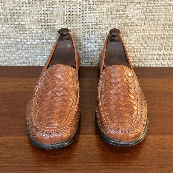 🌟HP🌟Johnson & Murphy Cognac Tan Leather Tidwell Woven Loafers 9M Brazil - Picture 4 of 13